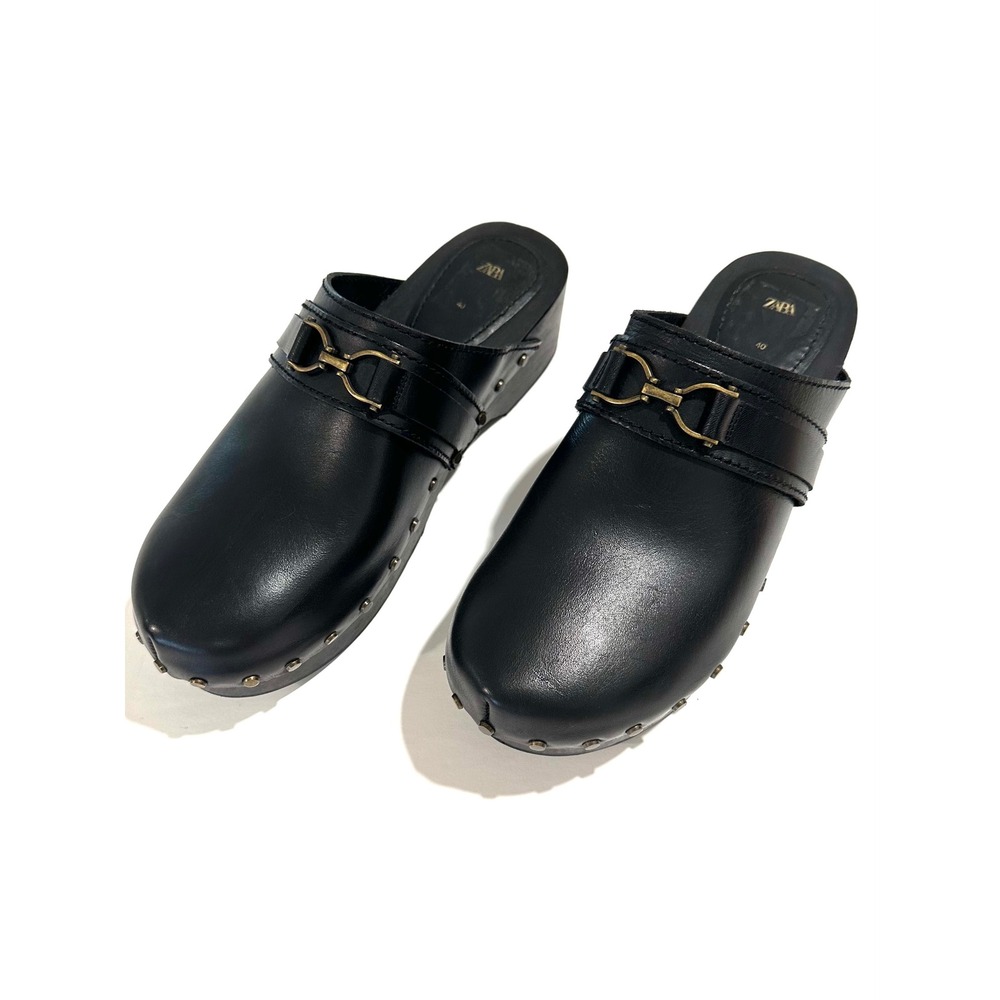 Zara Black Leather Horsebit Studded Platform Wooden Clogs Mules Size 40/9